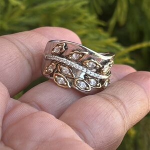 Sterling Silver Two-Tone Leaf & Pavé Ring with Cubic Zirconias
